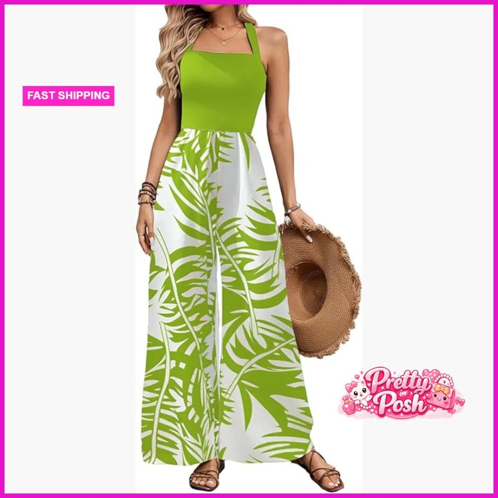 Polyester Wide Leg Jumpsuit Sleeveless Halter Neck Backless